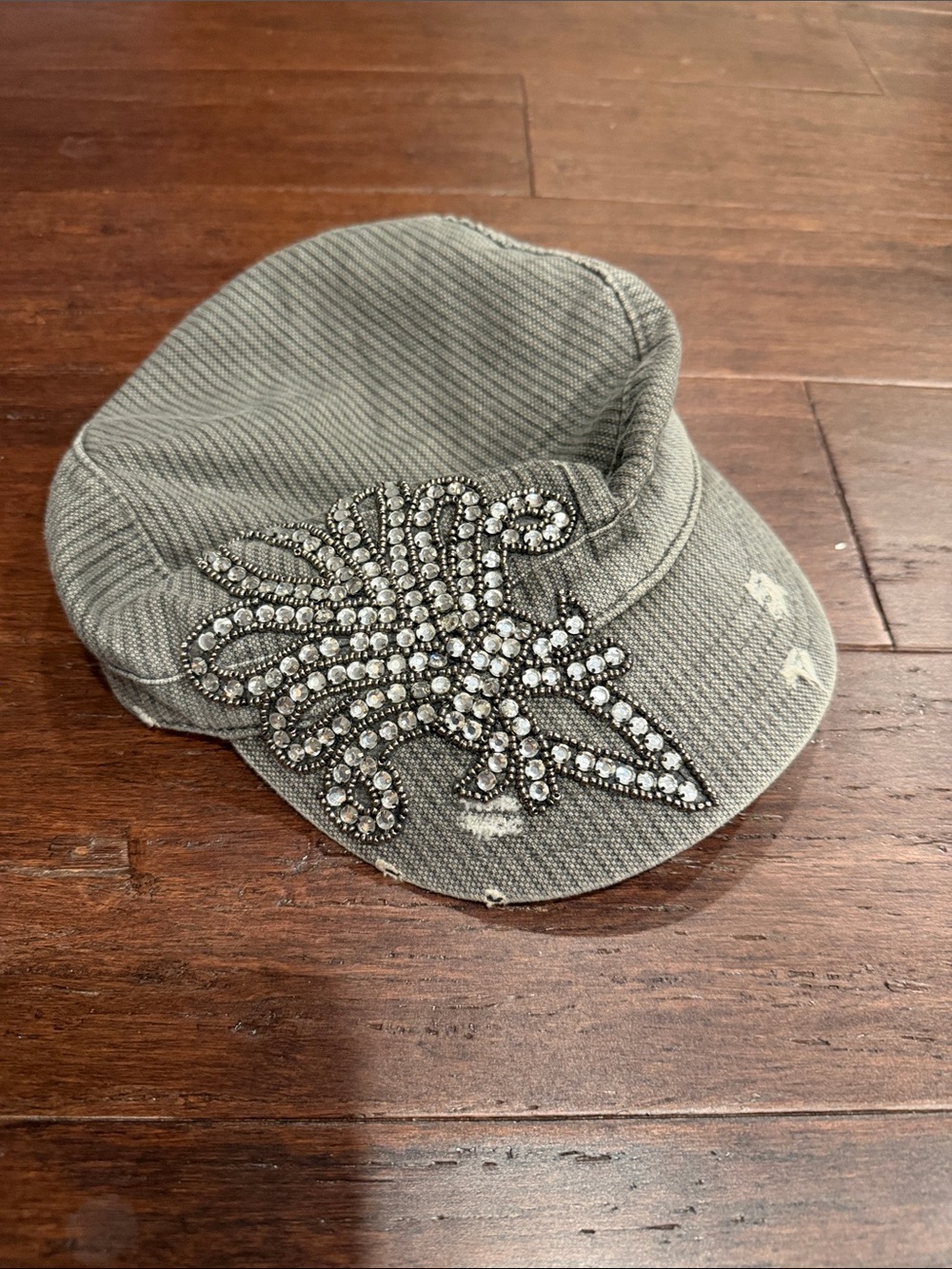 Gray Embellished Military-Style Cap with Crystal Motif